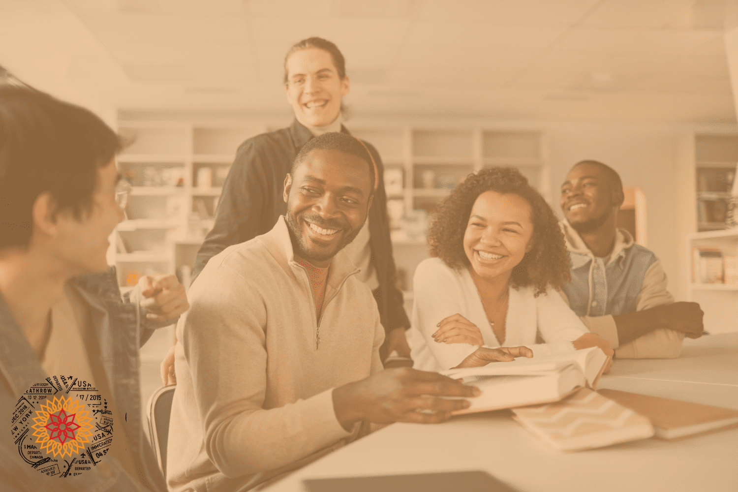 group of people laughing and talking